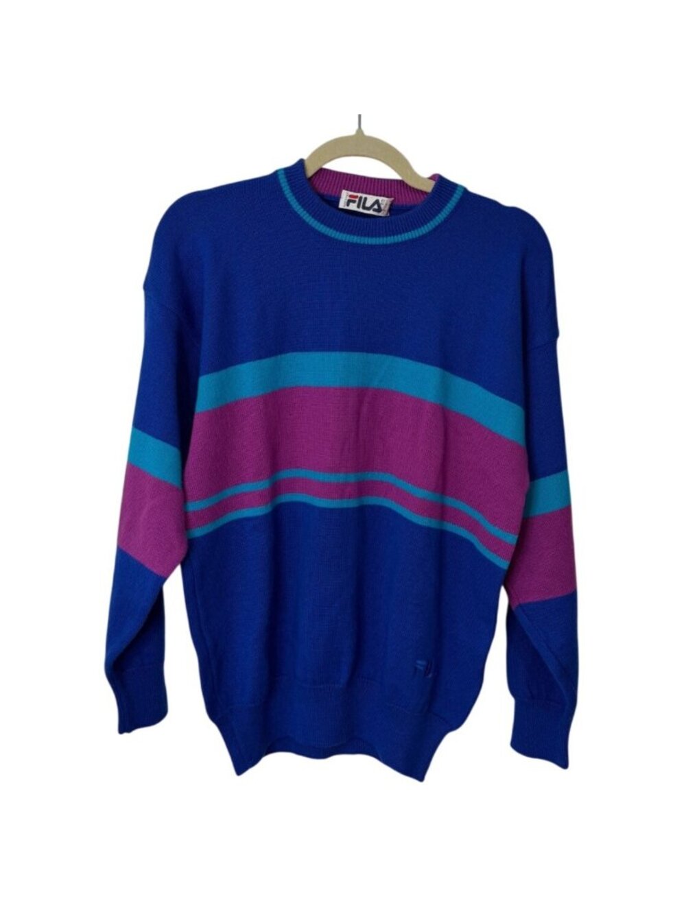 Fila Men Size 38 Sweater Vintage Blue Purple Turquoise Stripe Crewneck Italy 90s